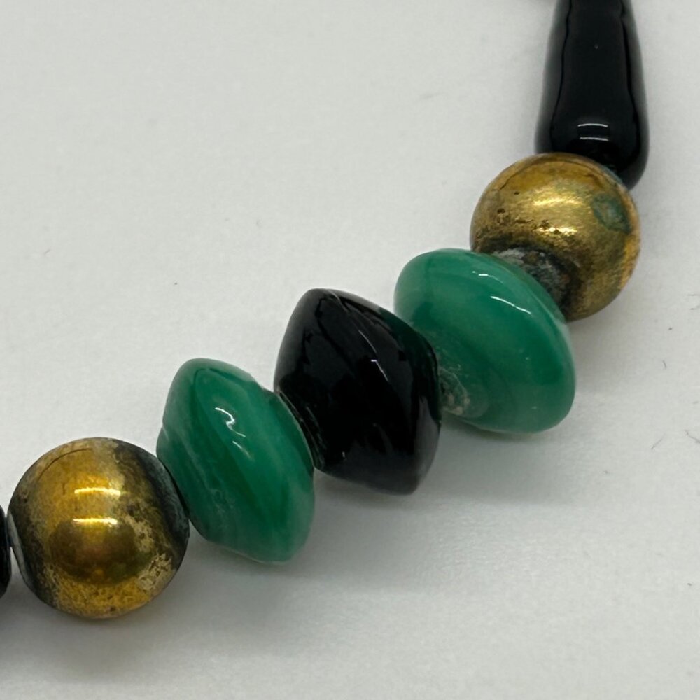 Vintage Glass Beaded Necklace Black Green Brass Accents Statement Long Art Deco - Picture 5 of 16